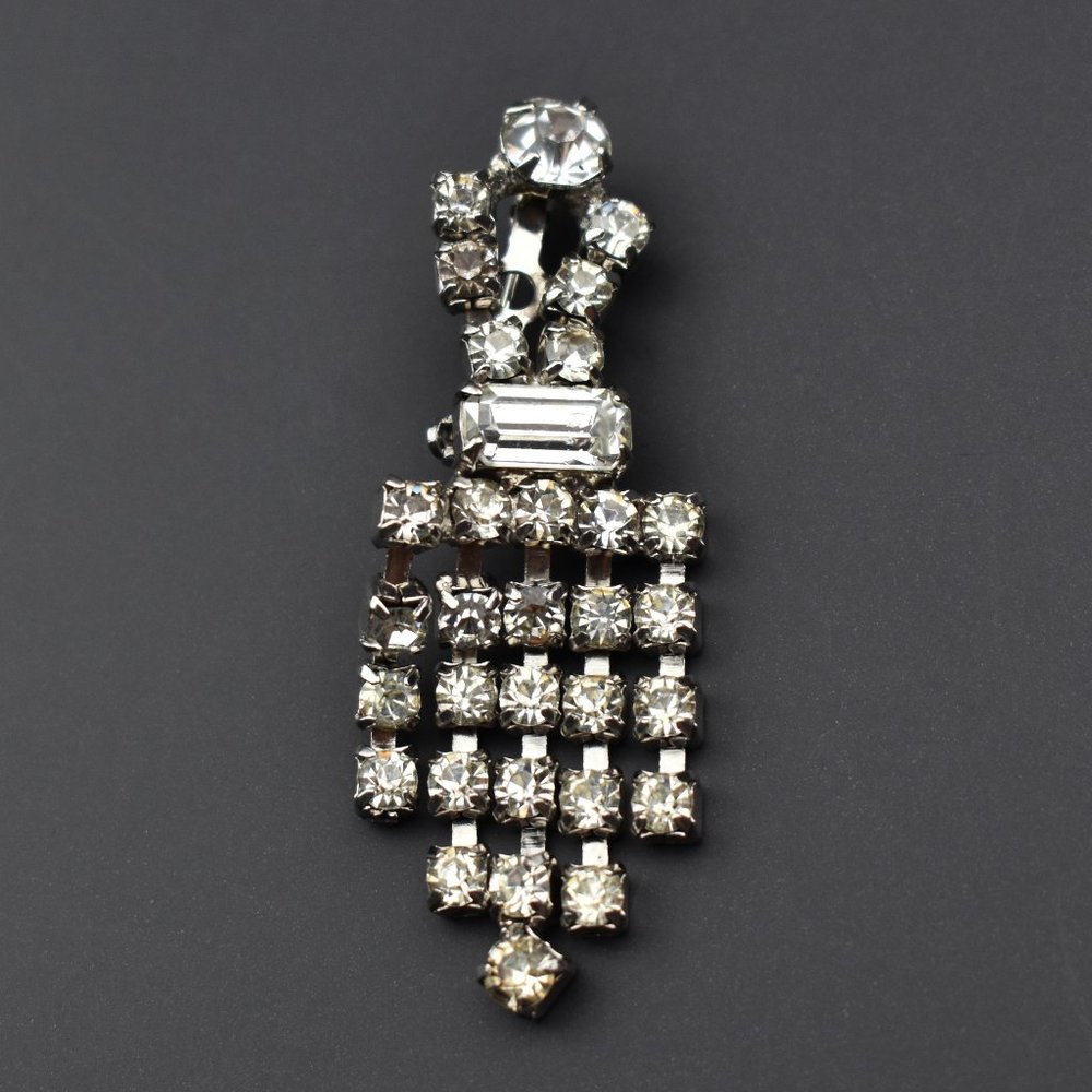 Fringe rhinestone brooch pin, fancy clear crystal vintage brooch, prom grad pin